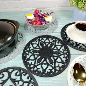 Hotsyang Silicone Trivets, Silicone Trivets for Hot Dishes Modern, Trivets for Hot Pots and Pans, Silicone Hot Pads for Kitchen, Silicone Trivets Round 6 Pack Black, Multi-Use Intricately Carved Mats