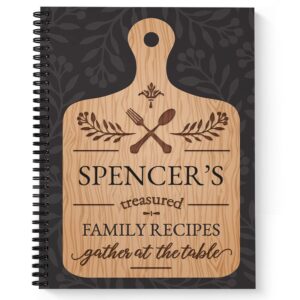 treasured recipes personalized 8.5" x 11" recipe notebook, durable gloss laminated softcover, 120 recipe pages, black wire-o spiral. made in the usa.