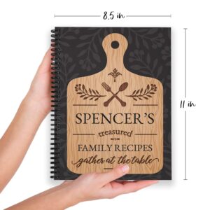Treasured Recipes Personalized 8.5" x 11" Recipe Notebook, Durable Gloss Laminated Softcover, 120 Recipe Pages, Black Wire-o spiral. Made in the USA.