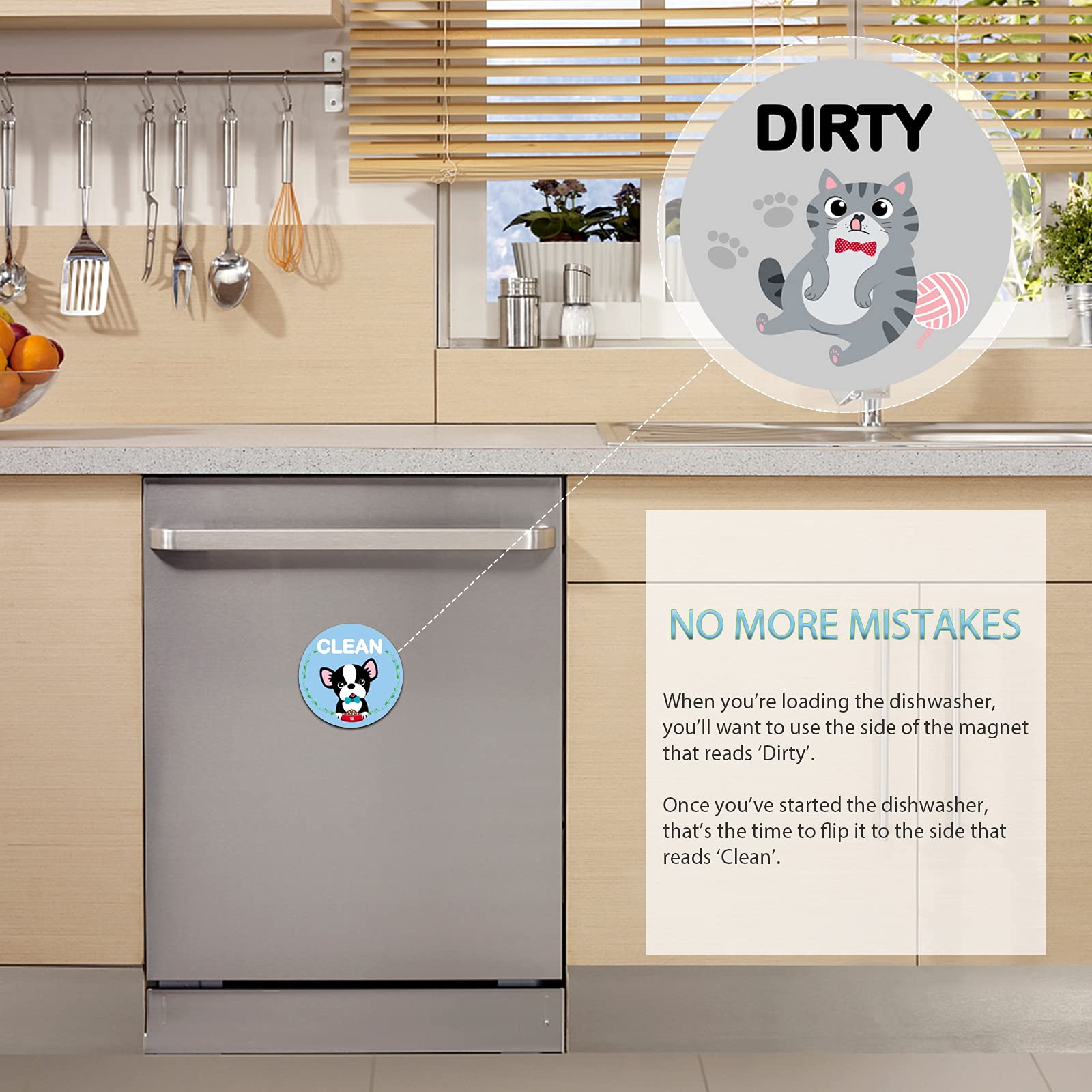 MORCART Dishwasher Magnet Clean Dirty Sign Indicator, Cute Universal Double Sided Dish Washer Refrigerator Magnet, Funny Cat Dog Design