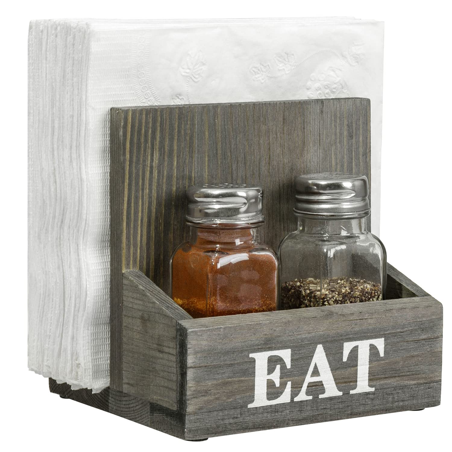 MyGift Vintage Gray Solid Wood Napkin and Salt and Pepper Shaker Caddy, 2 Compartment Napkin Holder and Condiment Server with White EAT Label