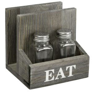 MyGift Vintage Gray Solid Wood Napkin and Salt and Pepper Shaker Caddy, 2 Compartment Napkin Holder and Condiment Server with White EAT Label