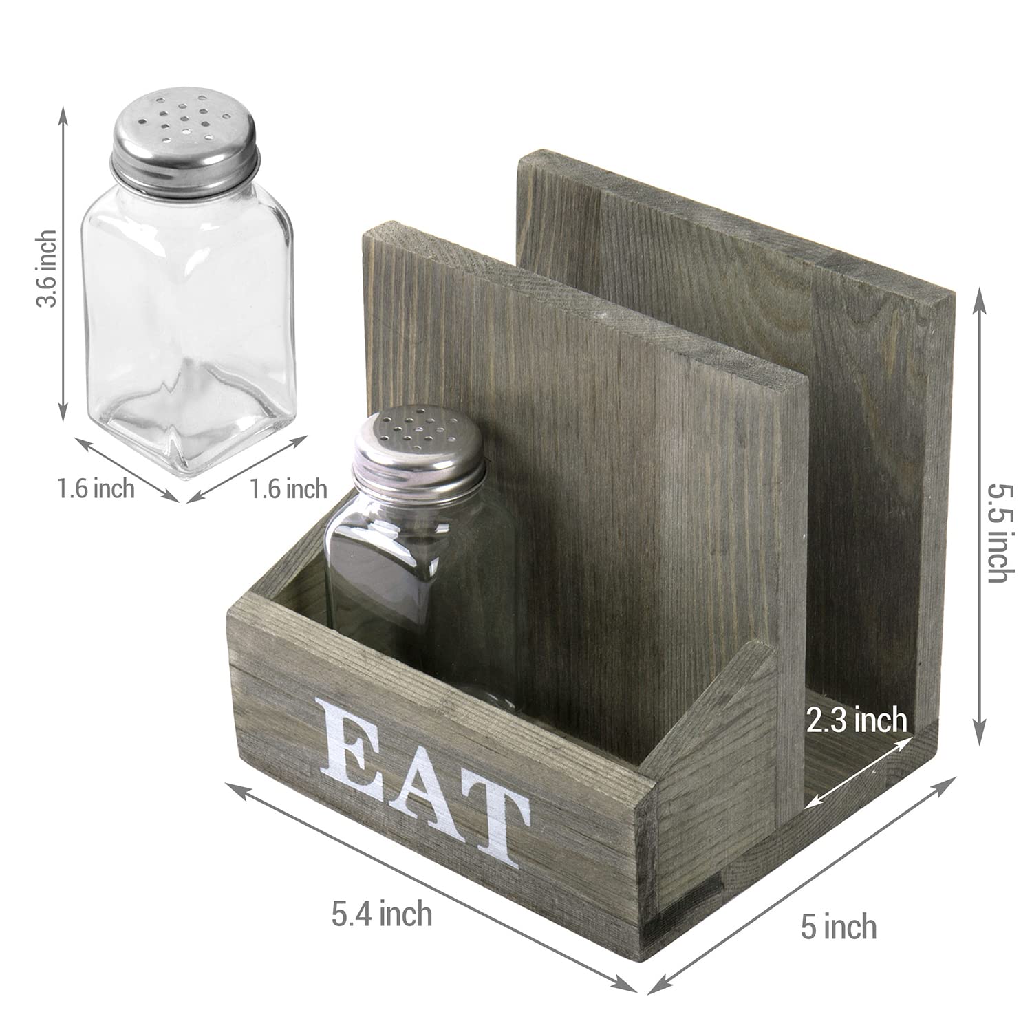 MyGift Vintage Gray Solid Wood Napkin and Salt and Pepper Shaker Caddy, 2 Compartment Napkin Holder and Condiment Server with White EAT Label