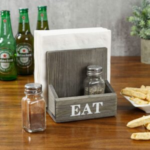 MyGift Vintage Gray Solid Wood Napkin and Salt and Pepper Shaker Caddy, 2 Compartment Napkin Holder and Condiment Server with White EAT Label