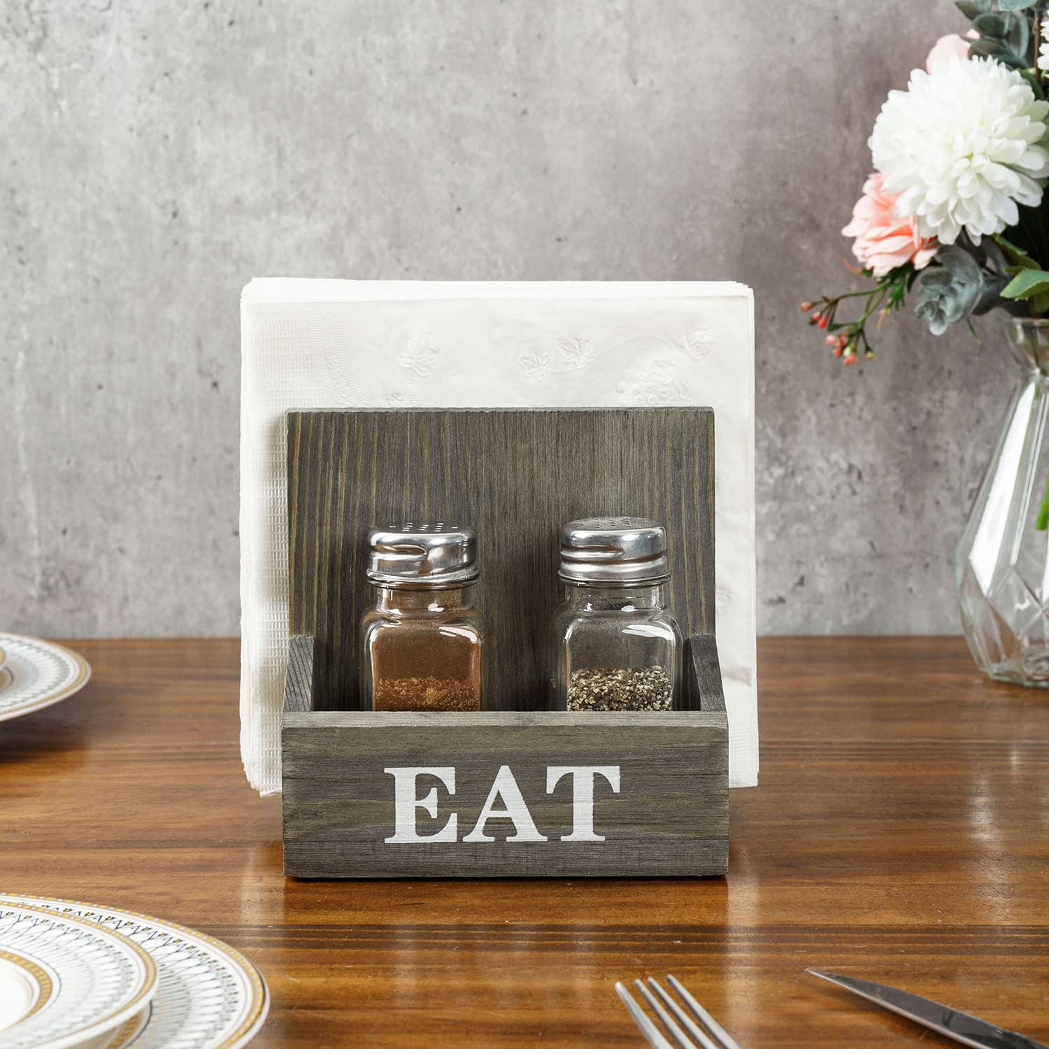 MyGift Vintage Gray Solid Wood Napkin and Salt and Pepper Shaker Caddy, 2 Compartment Napkin Holder and Condiment Server with White EAT Label