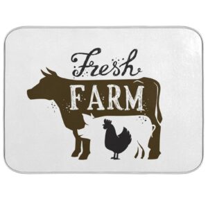 kcldeci dish mat dish drying mat for kitchen, kitchen drying pad farmhouse dish drainer rack farm cow rooster cock drying mat 16 x 18 inch