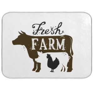 Kcldeci Dish Mat Dish Drying Mat for Kitchen, Kitchen Drying Pad Farmhouse Dish Drainer Rack Farm Cow Rooster Cock Drying Mat 16 X 18 Inch