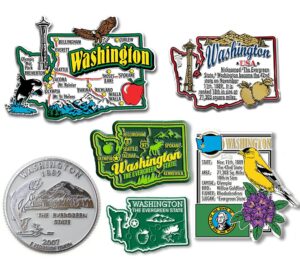 washington six-piece state magnet set by classic magnets, includes 6 unique designs, collectible souvenirs made in the usa