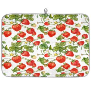 qsirbc strawberry fruits leaves reversible dish drying mat for kitchen counter, 18"x 24", sink mat, pet feeding mat, coffee bar mat, absorbent microfiber drainer mat, washable quick dry pad