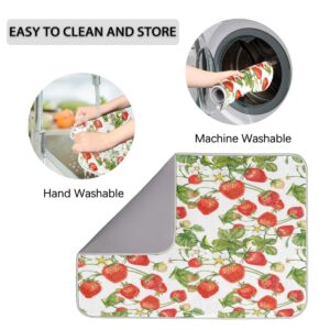 QsirBC Strawberry Fruits Leaves Reversible Dish Drying Mat for Kitchen Counter, 18"x 24", Sink Mat, Pet Feeding Mat, Coffee Bar Mat, Absorbent Microfiber Drainer Mat, Washable Quick Dry Pad