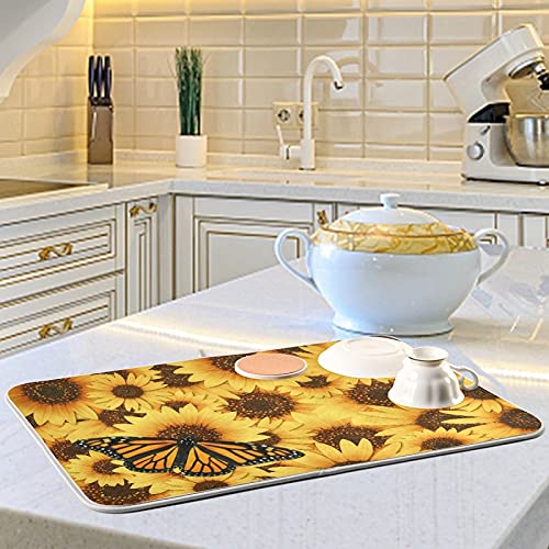 Monarch Butterfly Dish Drying Mat Small for Kitchen Counter, Fast Absorbent Sunflower Tableware Pad Baby Bottle Rack Drainer Mats Sink Decor 16x18 inches