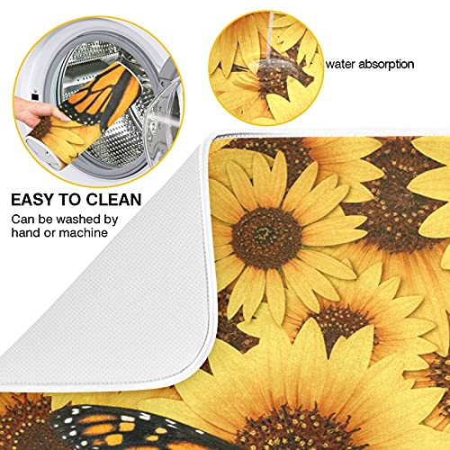 Monarch Butterfly Dish Drying Mat Small for Kitchen Counter, Fast Absorbent Sunflower Tableware Pad Baby Bottle Rack Drainer Mats Sink Decor 16x18 inches