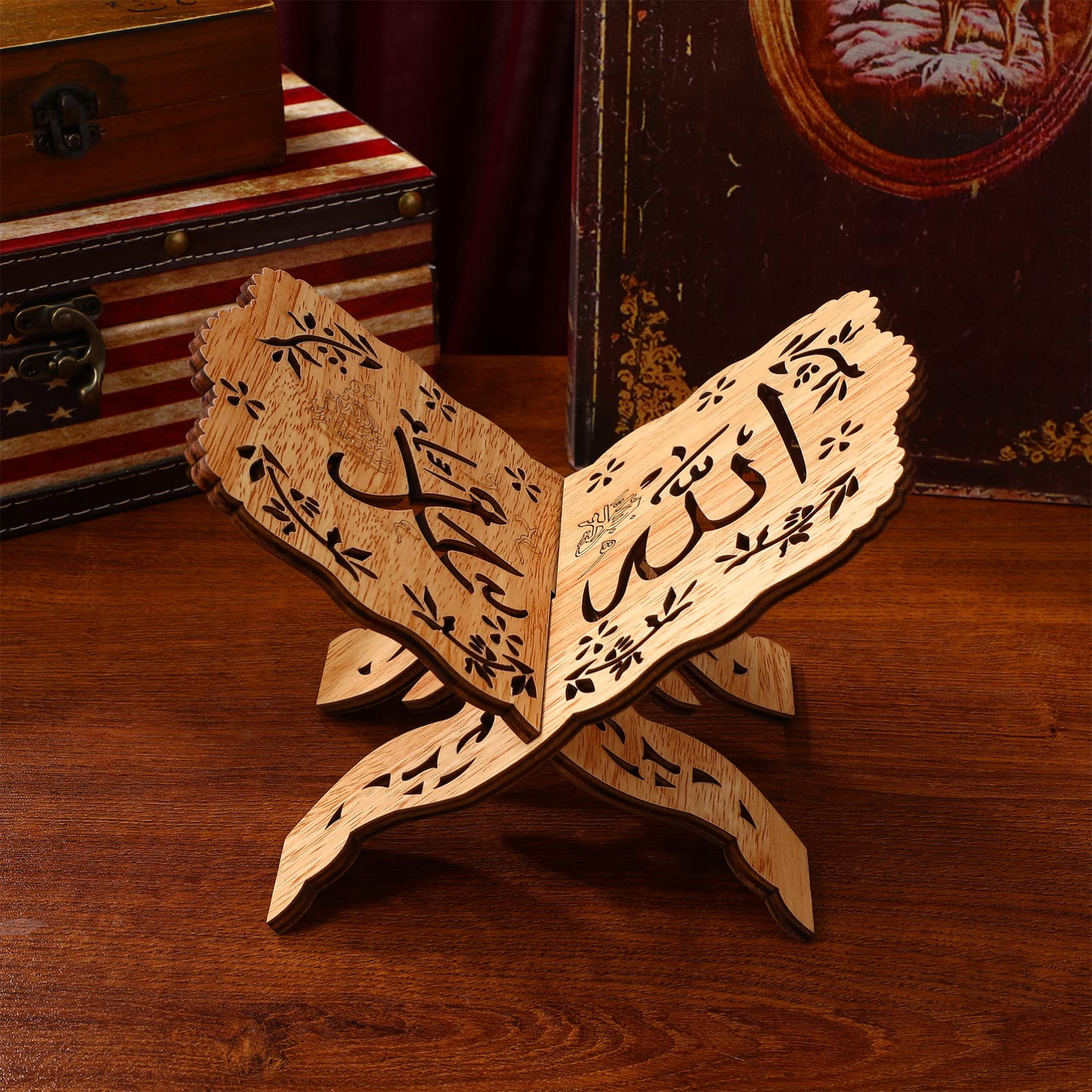 ABOOFAN Kuran Quran Koran Holy Book Stand Holder Foldable Wooden Book Stand with Intricate Carvings Calligraphy Bookshelf Muslim Eid Ramadan Religious Gift