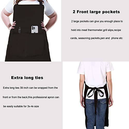 MissOwl Plus Size Adjustable Bib Apron Waterdrop Resistant with 2 Pockets Extra Large Chef Apron Kitchen Cooking for Women Men Black