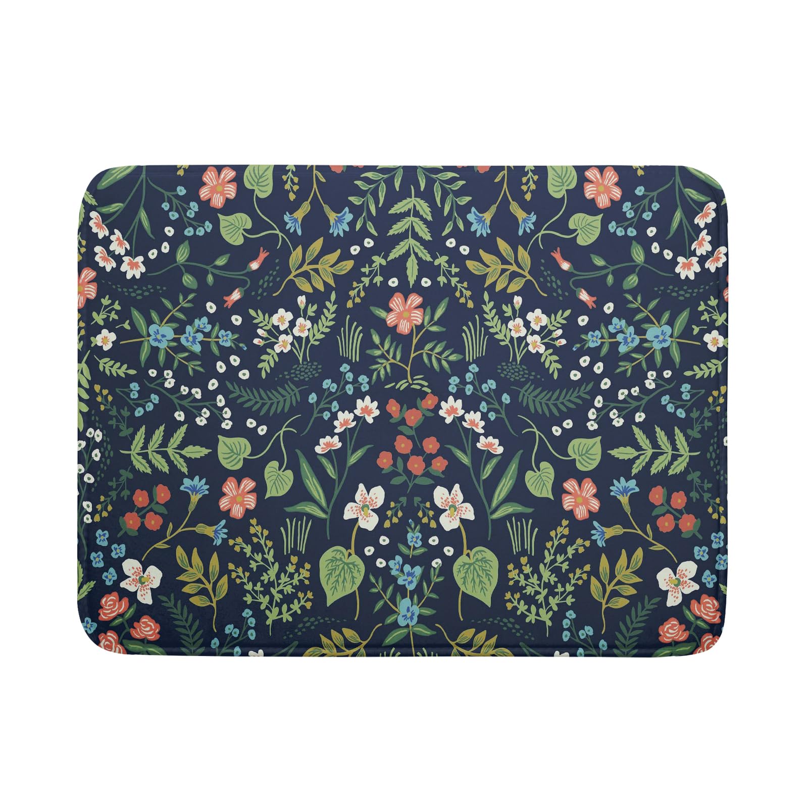 Flower Floral Dish Drying Mat 18x24 inch Microfiber Navy Blue Drying Mats with Hanging Loop Absorbent Green Leaves Dish Drainer Mat Reversible Flowers Drying Pad for Kitchen Counter Sink