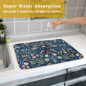 Flower Floral Dish Drying Mat 18x24 inch Microfiber Navy Blue Drying Mats with Hanging Loop Absorbent Green Leaves Dish Drainer Mat Reversible Flowers Drying Pad for Kitchen Counter Sink