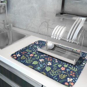 Flower Floral Dish Drying Mat 18x24 inch Microfiber Navy Blue Drying Mats with Hanging Loop Absorbent Green Leaves Dish Drainer Mat Reversible Flowers Drying Pad for Kitchen Counter Sink