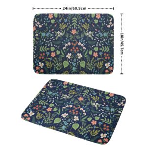 Flower Floral Dish Drying Mat 18x24 inch Microfiber Navy Blue Drying Mats with Hanging Loop Absorbent Green Leaves Dish Drainer Mat Reversible Flowers Drying Pad for Kitchen Counter Sink