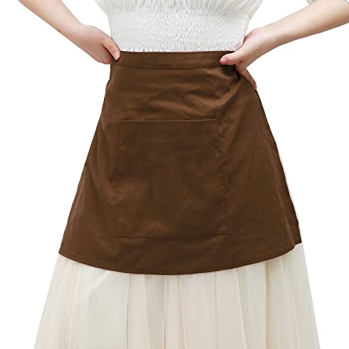 KUOIN Medieval Apron with Pockets Linen Half Waist Chef Waiter Aprons Vintage Cosplay (Brown)