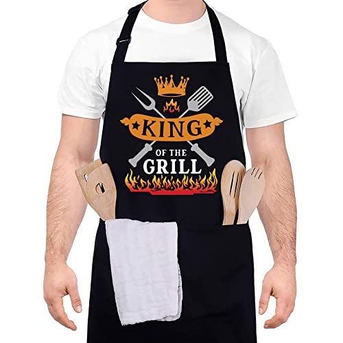 Fuyamp King Of The Grill Apron Funny Apron for Men Apron with 2 Pockets Waterproof Dad Apron for Kitchen Chef Black Baking BBQ Grilling Aprons for Men, Dad, Son, Husband, Boyfriend