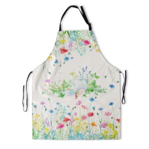 sweetshow watercolor floral apron with 2 pockets and adjustable neck,spring colorful flower decorative aprons for adults women men gift for woman