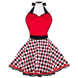 violet mist cute sweetheart vintage apron for women girls checkered retro stylish apron sexy red dress 50s apron pretty lace ruffle adjustable neck strap flirty apron halloween christmas mothers gifts
