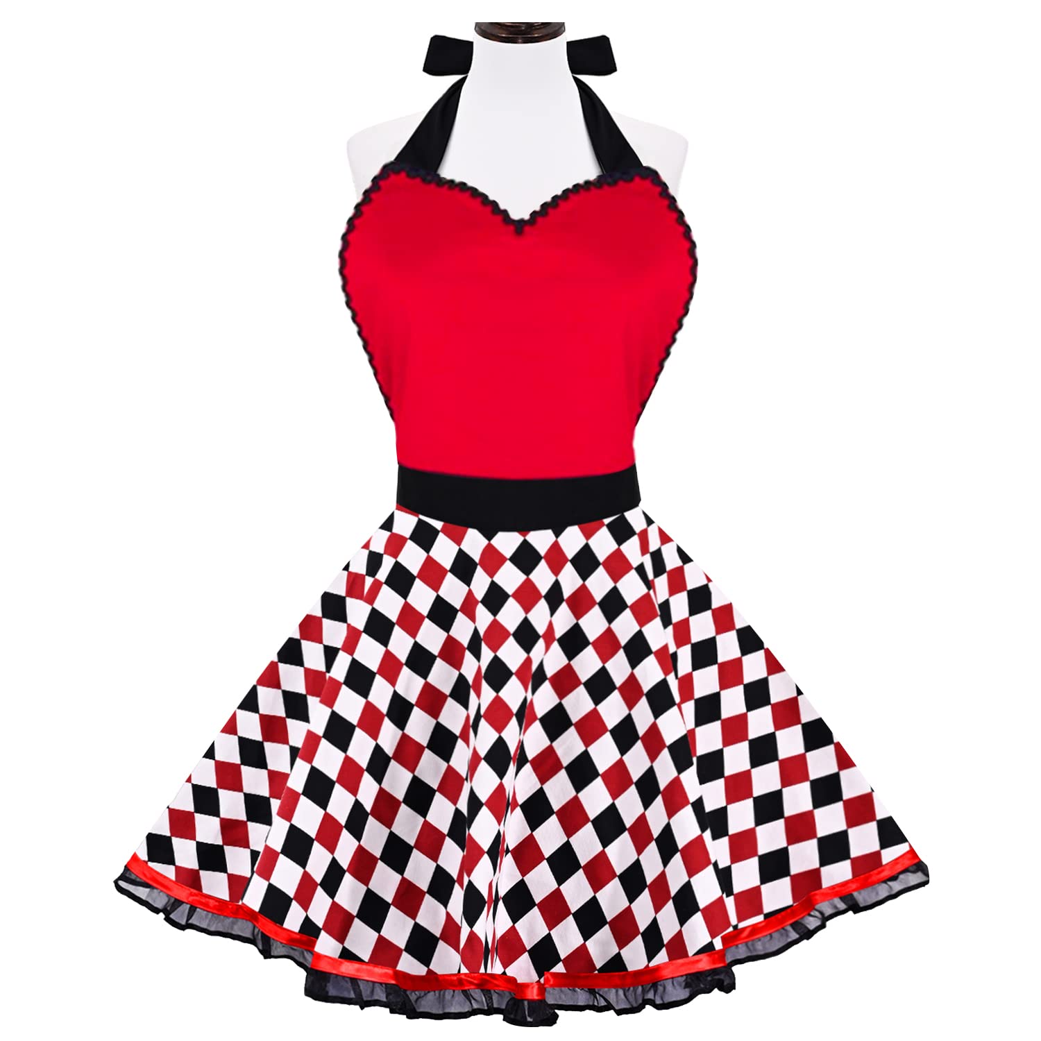 Violet Mist Cute Sweetheart Vintage Apron for Women Girls Checkered Retro Stylish Apron Sexy Red Dress 50s Apron Pretty Lace Ruffle Adjustable Neck Strap Flirty Apron Halloween Christmas Mothers Gifts