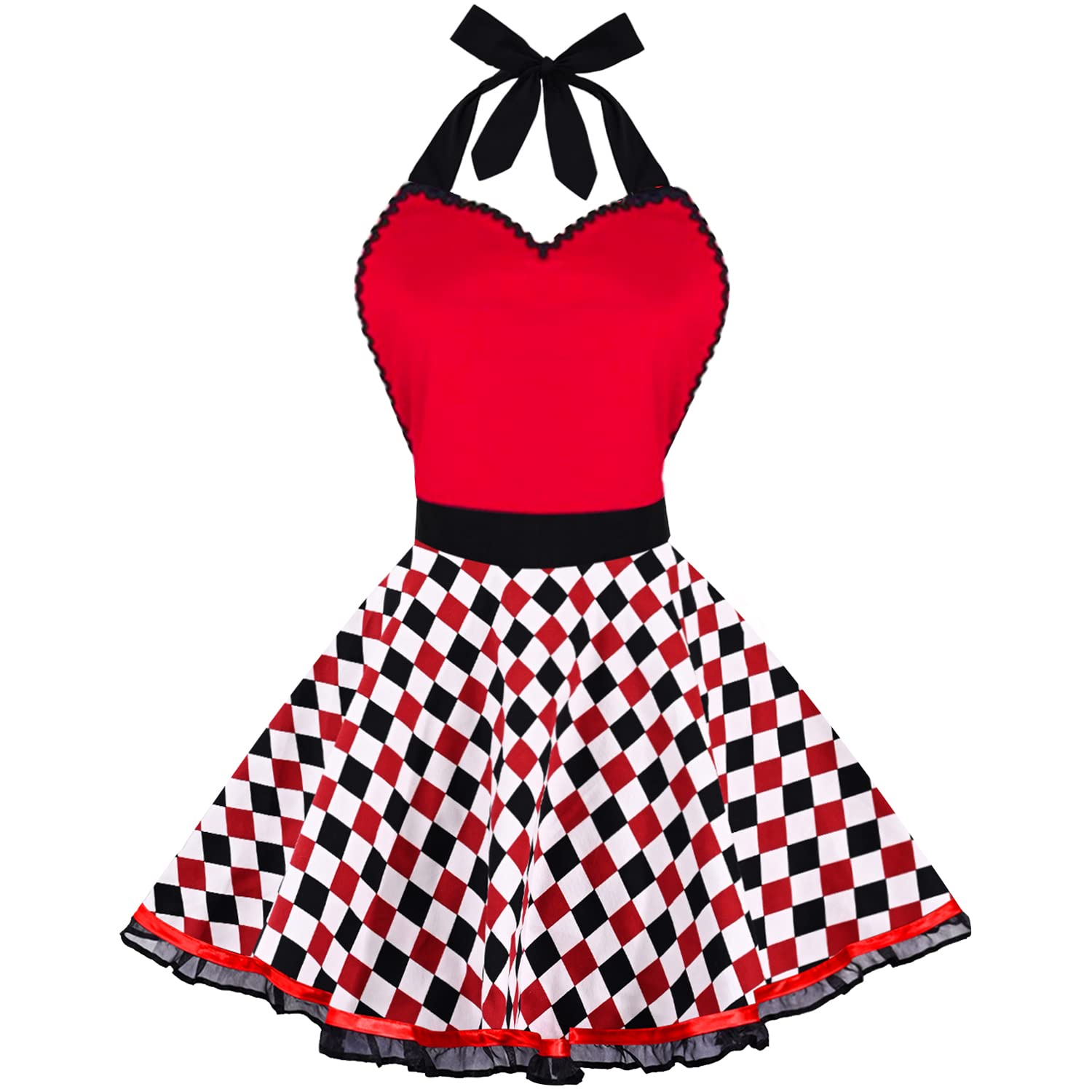 Violet Mist Cute Sweetheart Vintage Apron for Women Girls Checkered Retro Stylish Apron Sexy Red Dress 50s Apron Pretty Lace Ruffle Adjustable Neck Strap Flirty Apron Halloween Christmas Mothers Gifts