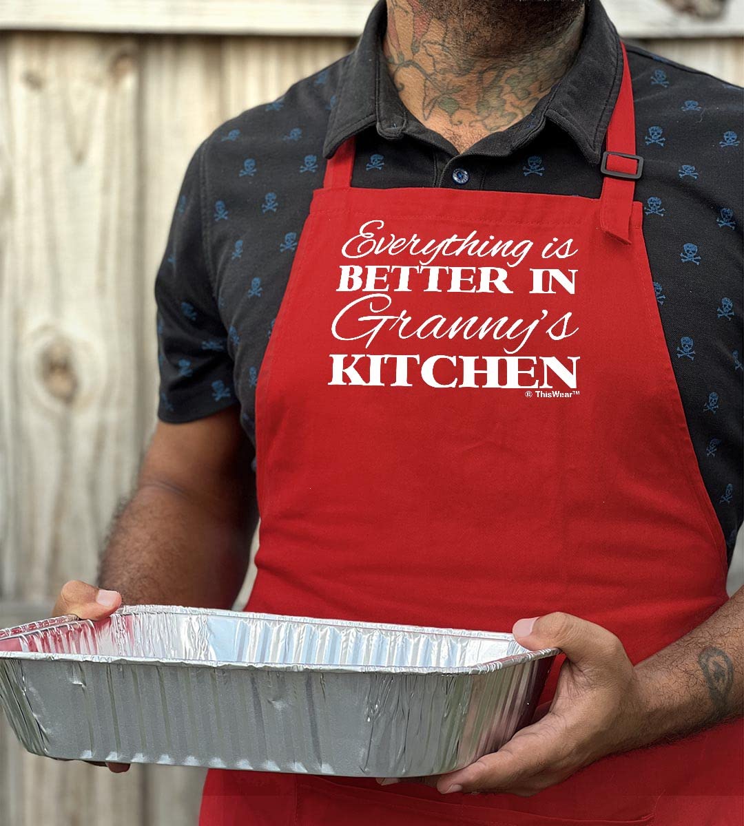 ThisWear Gifts For Granny Gifts For Grandma Everything Is Better In Granny's Kitchen Two Pocket Adjustable Bib Apron Red