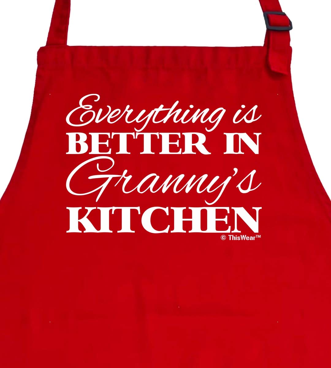 ThisWear Gifts For Granny Gifts For Grandma Everything Is Better In Granny's Kitchen Two Pocket Adjustable Bib Apron Red