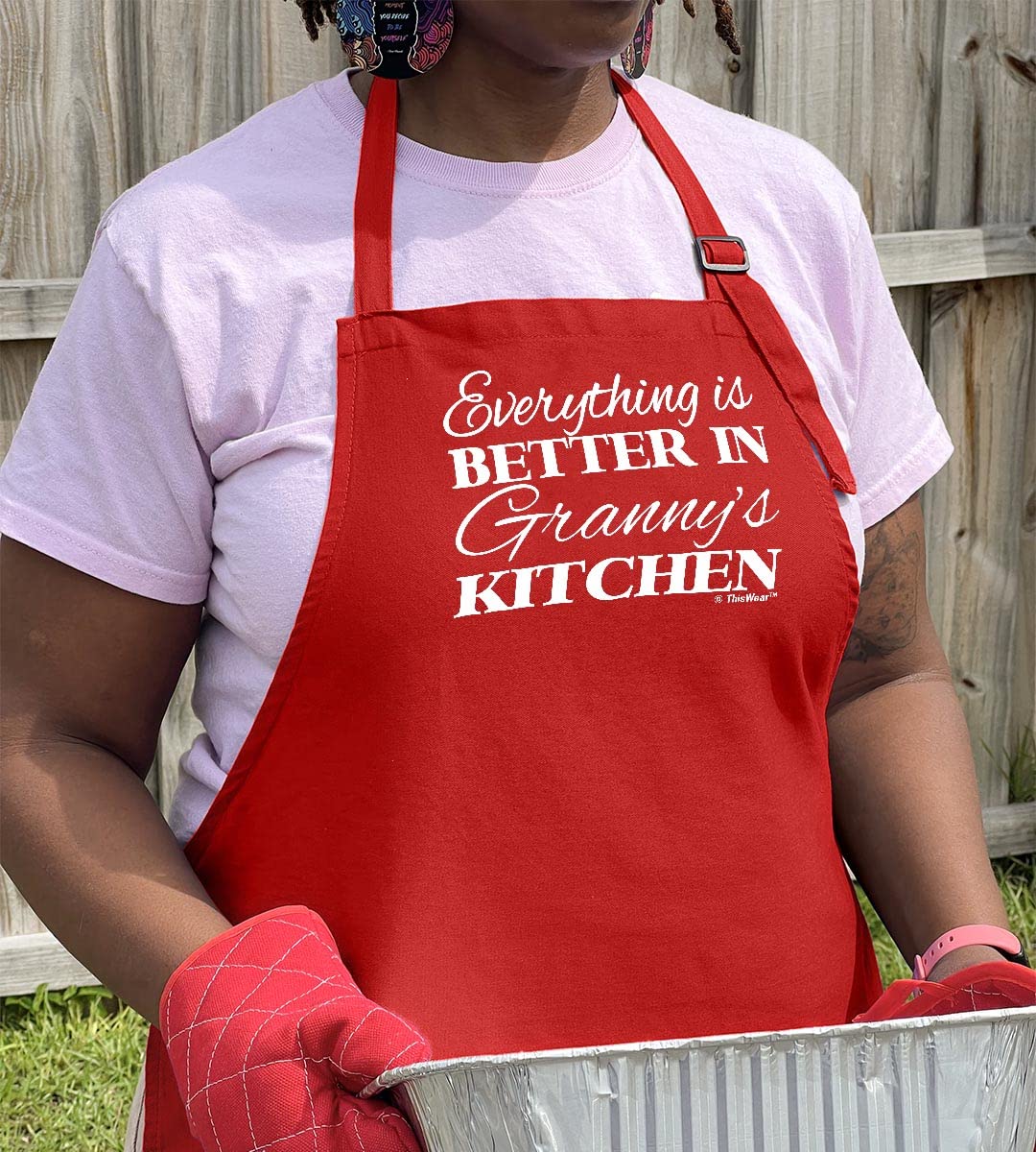 ThisWear Gifts For Granny Gifts For Grandma Everything Is Better In Granny's Kitchen Two Pocket Adjustable Bib Apron Red