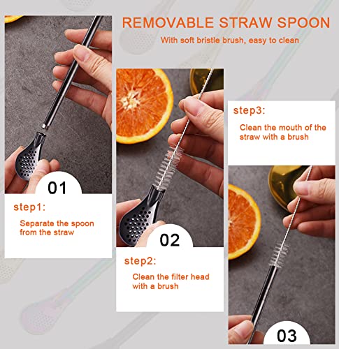 2Pcs Removable Stainless Steel Straw Filter Spoon with 2 Cleaning Brush, Yerba Mate Bombilla Straw, Reusable Metal Straw Spoon Cocktail Stirrer for Drinking Loose Tea, Ice Coffee, Black