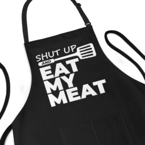 funny bbq apron for men - shut up and eat my meat - adjustable large 1 size fits all - poly/cotton apron with 2 pockets - bbq gift apron for father, husband, chef