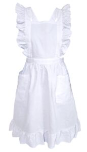 lilments long maxi cotton ruffle apron with pockets, small to plus size ladies (white)