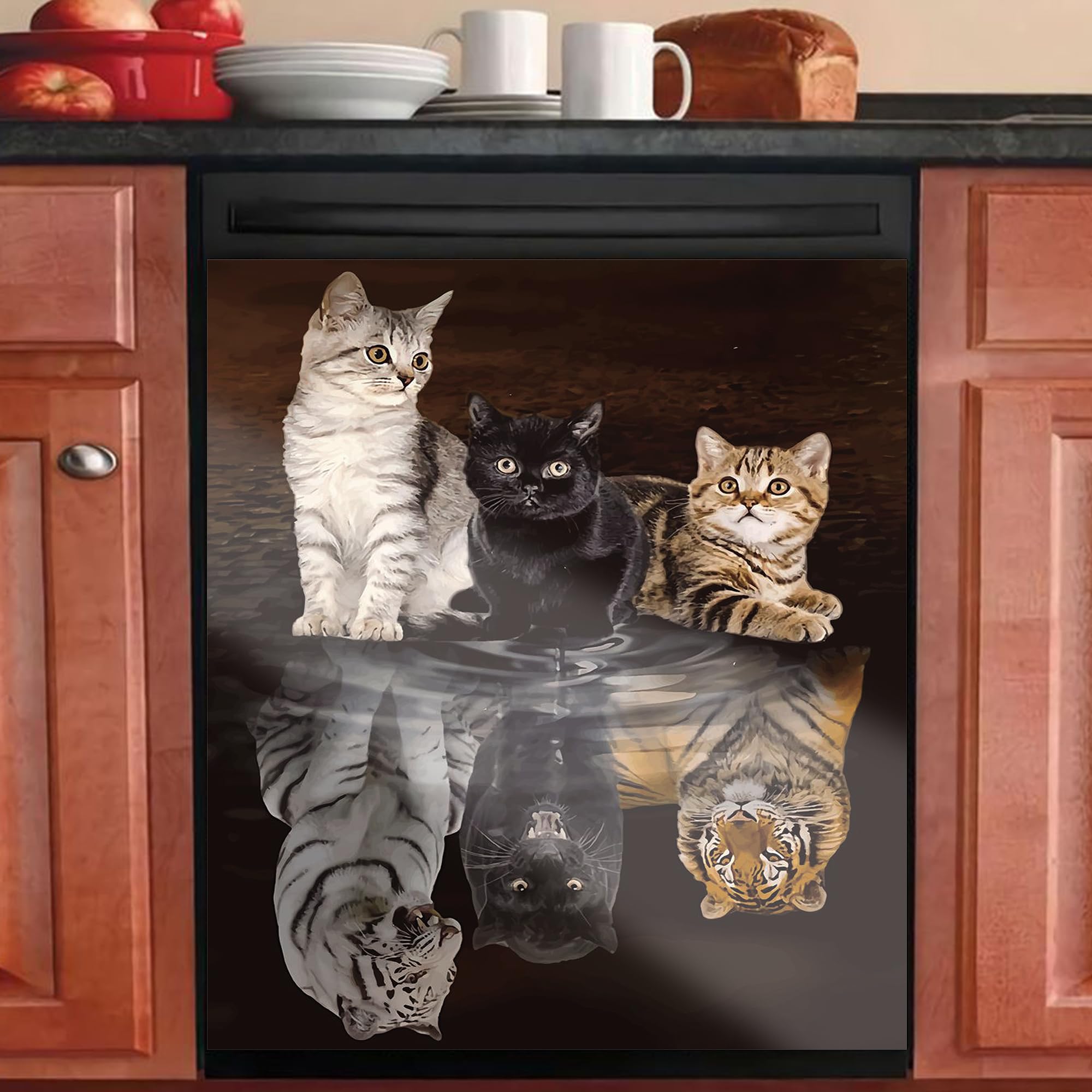 REWER Cat Vinyl Decorative Refrigerator Panel Decal Reflection Tiger Dishwasher Cover Magnetic Animal Sticker Door Kitchen Decoration Microwave and Oven Stickers,Funny Gifts, 23x26inch( )