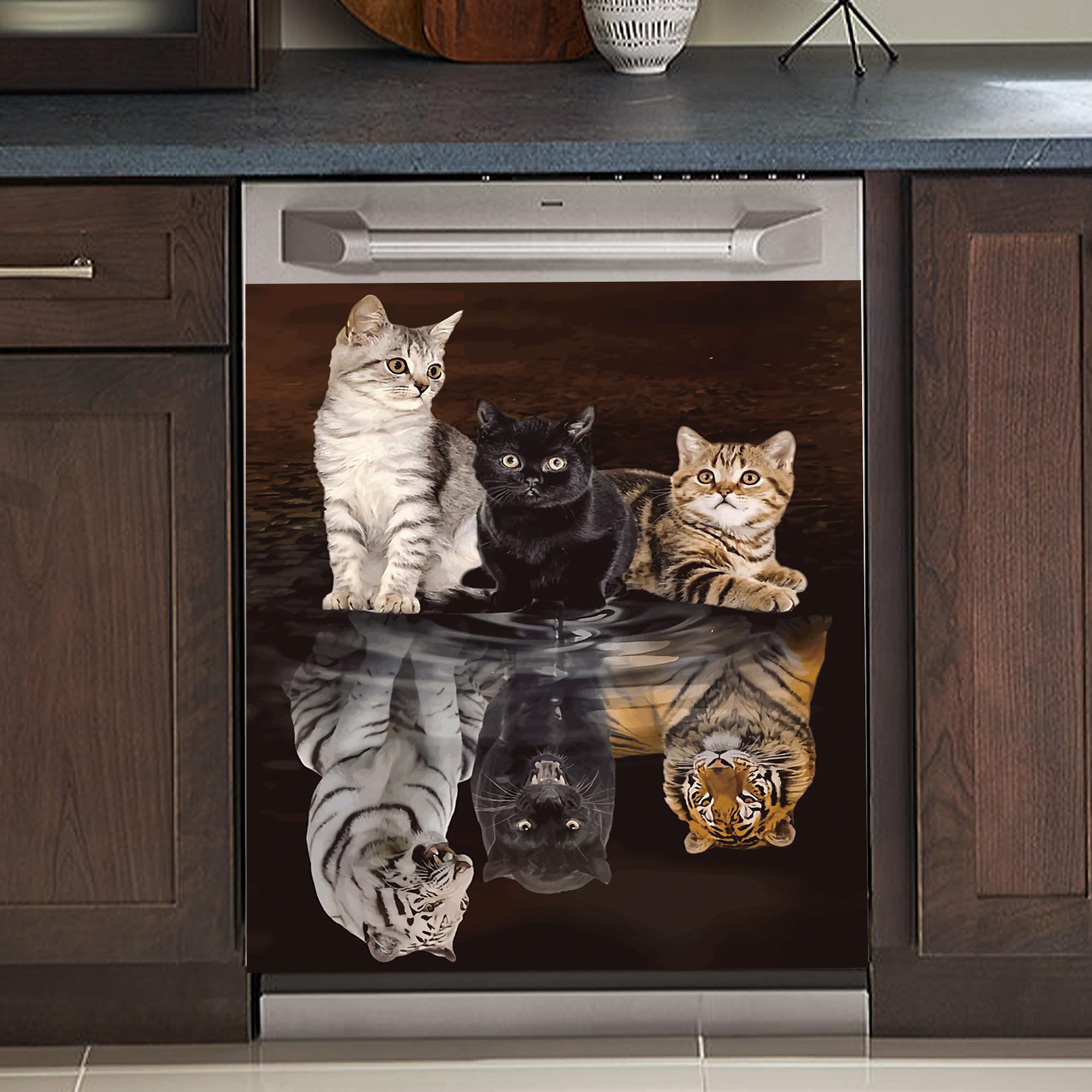 REWER Cat Vinyl Decorative Refrigerator Panel Decal Reflection Tiger Dishwasher Cover Magnetic Animal Sticker Door Kitchen Decoration Microwave and Oven Stickers,Funny Gifts, 23x26inch( )