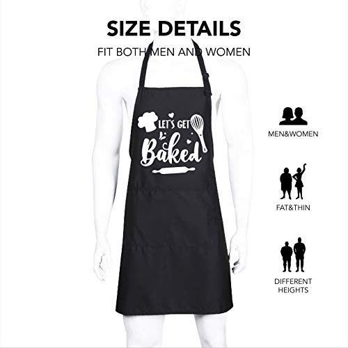 Ihopes Funny Black Baking Apron for Women Teens Baker,Cute Let's Get Baked Baking Apron with 2 Pockets and Adjustable Neck Strap,Perfect for Birthday/Christmas/Thanksgiving, Large