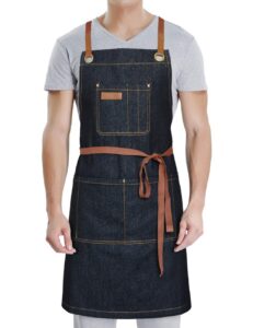 dingsay trendy professional black denim apron with pockets for chef cooking kitchen grill bbq hairstylist painting, mens womens apron with leather cross back straps