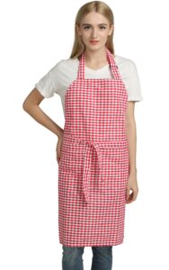 vintage gingham kitchen aprons chef bib canvas aprons christmas holiday home decorative 100% pure cotton aprons in large size with pockets adjustable neck strap long ties aprons(red)