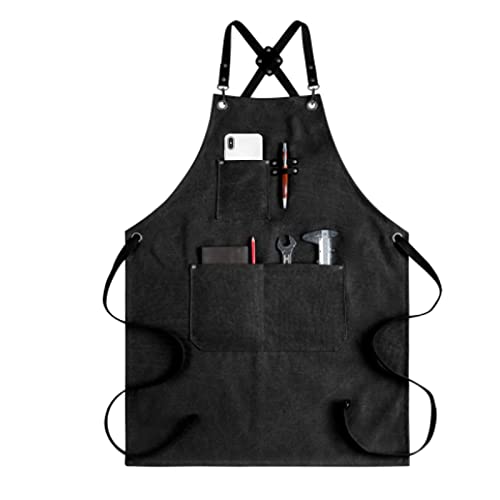 VENK LTDD Chef Apron for Men Women, Cotton Canvas Heavy Duty Work Apron with Pockets, Cross Back Straps Canvas Apron Kitchen Apron for Grilling Cooking BBQ Baking (23 inches x 31 inches ), Black