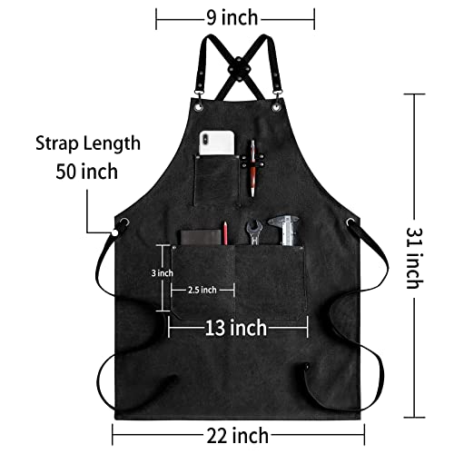 VENK LTDD Chef Apron for Men Women, Cotton Canvas Heavy Duty Work Apron with Pockets, Cross Back Straps Canvas Apron Kitchen Apron for Grilling Cooking BBQ Baking (23 inches x 31 inches ), Black