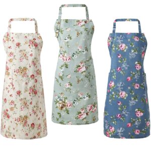 geyoga 3 pack floral aprons with pocket for women adjustable waist kitchen apron with neck strap vintage cute aprons for cooking baking gardening