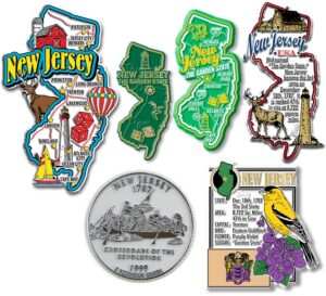 new jersey six-piece state magnet set by classic magnets, includes 6 unique designs, collectible souvenirs made in the usa