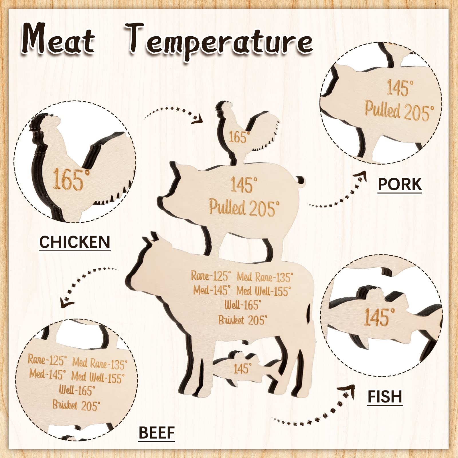 3 Pcs Wooden Meat Temperature Magnet, Chicken, Beef, Pork, Fish Cooking Internal Temperature Guide Grill Magnet, Wood Engraved Stacked Animal Meat Temperature Chart Magnet BBQ Magnet Kitchen Fridge