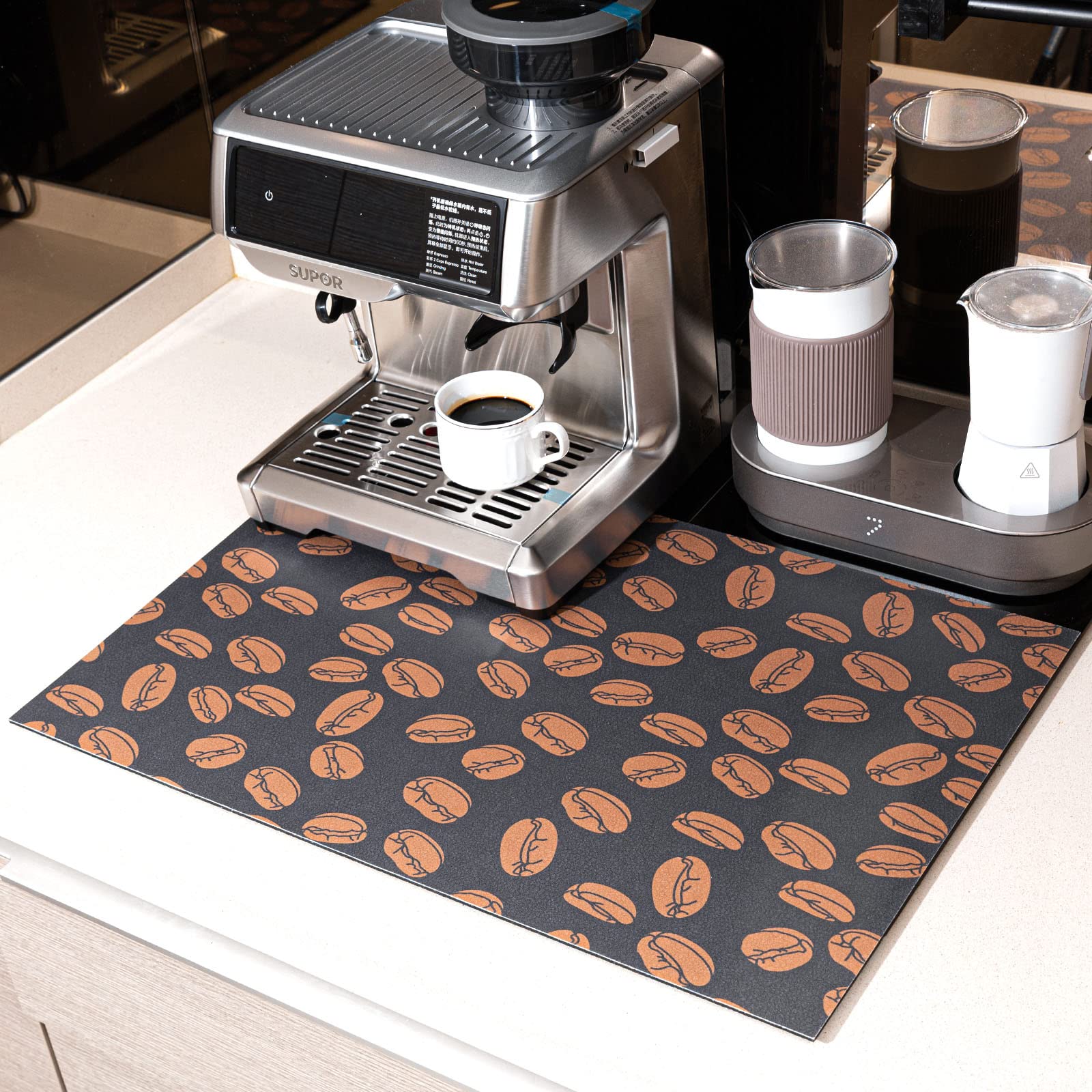 ILANGO Coffee Maker Mat for Countertops Hide Stain Rubber, Non Slip Coffee Bar Mat for Kitchen Counter, Absorbent Dish Drying Mat, Coffee Accessories Fit Under Coffee Espresso Machine 16"*24"