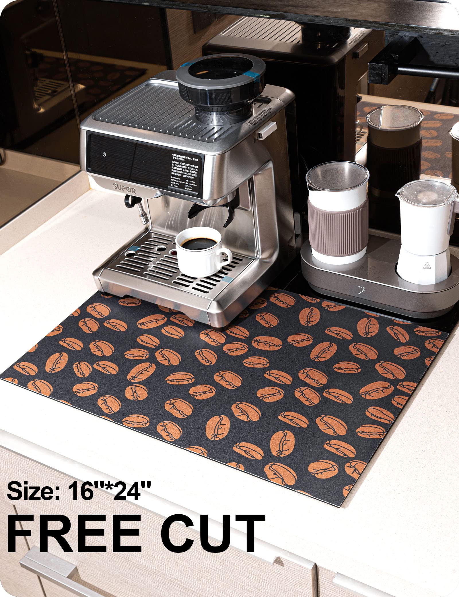 ILANGO Coffee Maker Mat for Countertops Hide Stain Rubber, Non Slip Coffee Bar Mat for Kitchen Counter, Absorbent Dish Drying Mat, Coffee Accessories Fit Under Coffee Espresso Machine 16"*24"