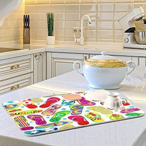 Colorful Flip Flops Dish Drying Mat Large for Kitchen Counter 18x24 In, Reversible Summer Vacation Holiday Tableware Pad Dish Drainer Rack Mats Fast Absorbent Kitchen Accessories for Countertop Sink