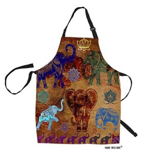 hgod designs elephant kitchen apron,colorful abstract elephants and lotus graffiti kitchen aprons for women men for cooking gardening adjustable home bibs,adult size
