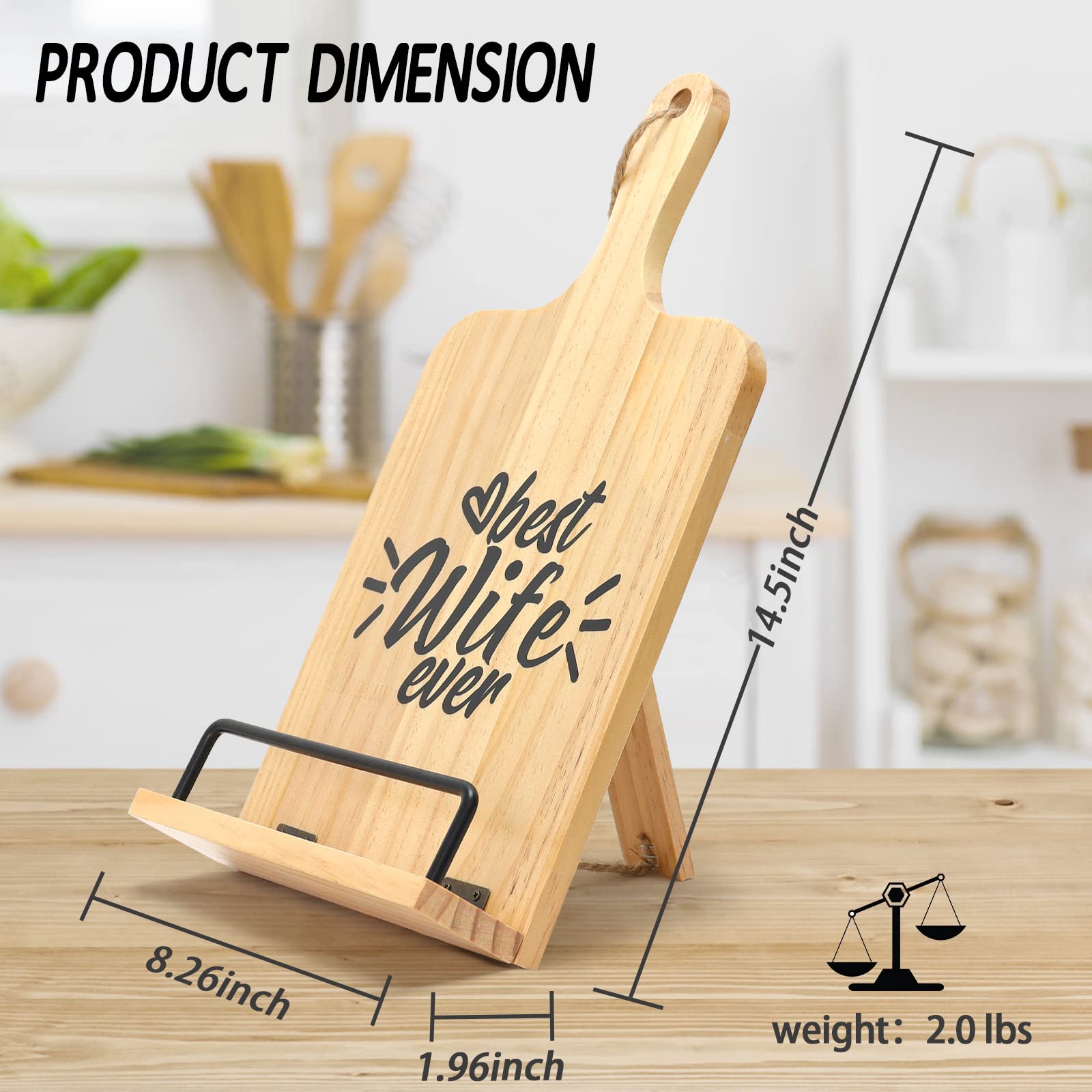 FunisFun Cookbook Stand for Kitchen Counter Adjustable Rustic Wood Cutting Board Style iPad Tablet Recipe Book Holder Gifts for Mom