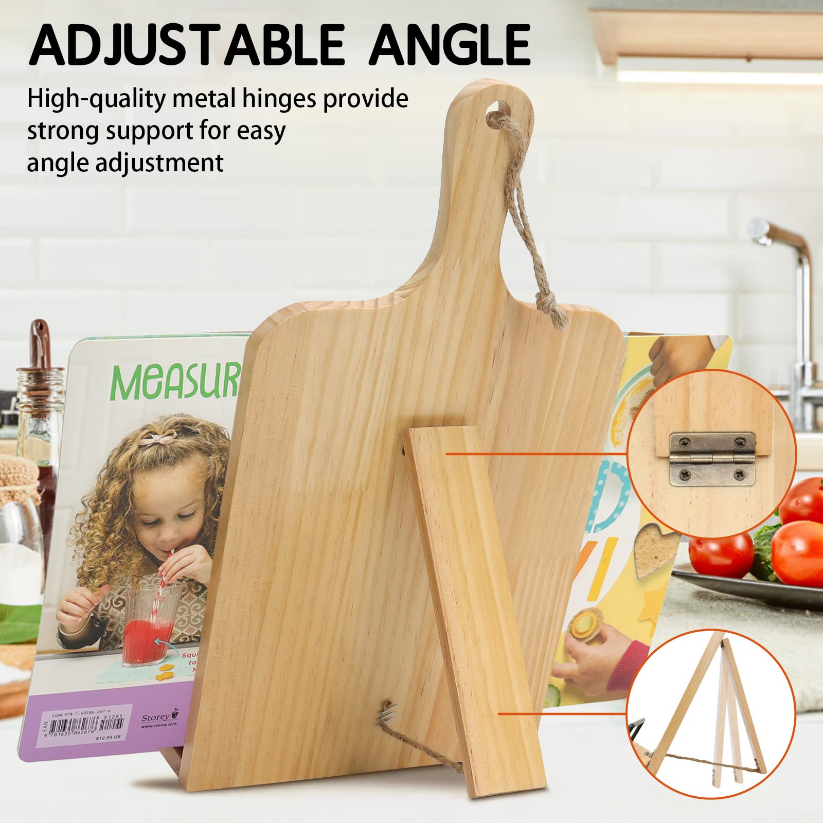 FunisFun Cookbook Stand for Kitchen Counter Adjustable Rustic Wood Cutting Board Style iPad Tablet Recipe Book Holder Gifts for Mom